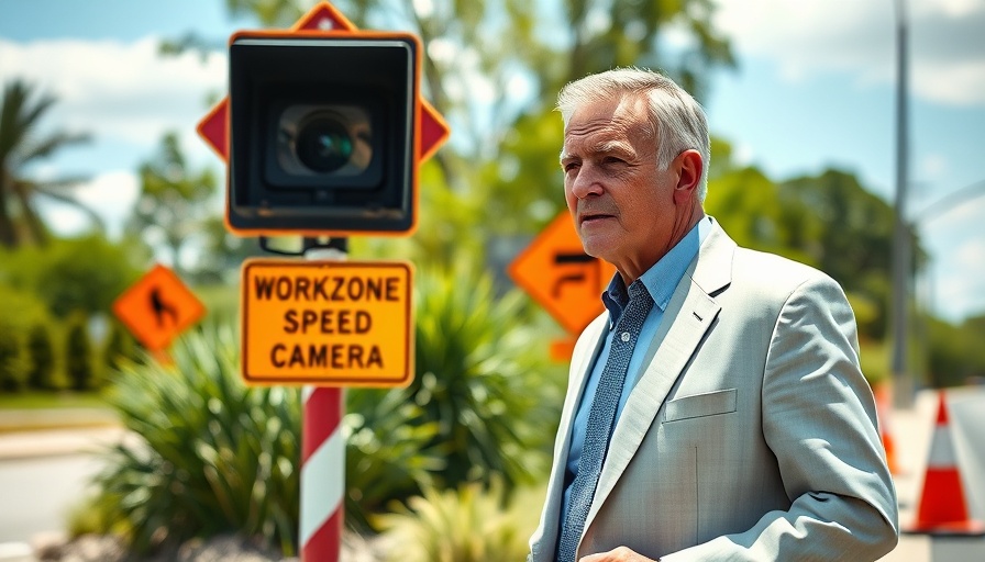 Middle-aged man speaks near Kentucky work zone speed cameras, sunny day.
