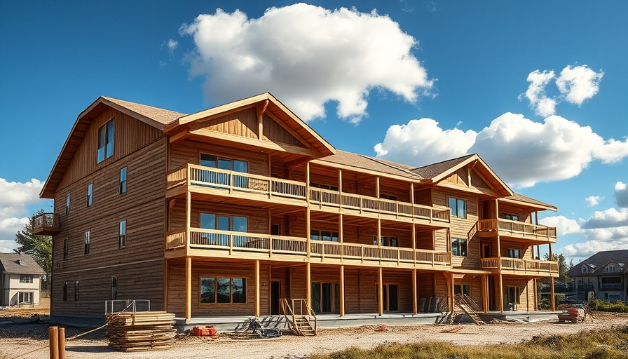 Wooden multifamily building under construction with clear sky.