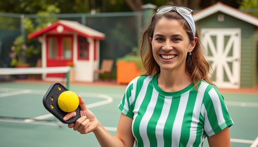 Smiling woman in cute pickleball outfit on an outdoor court.