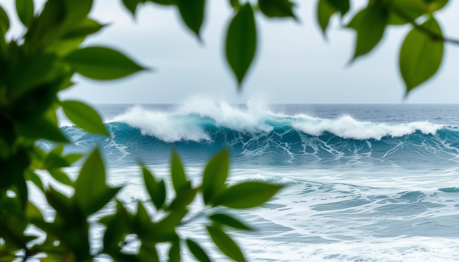 Ocean wave at surf spot framed by tree branches