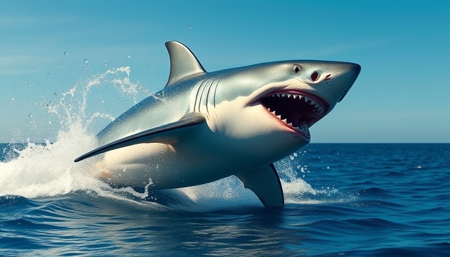 Great white shark breaching in dynamic leap with water droplets.