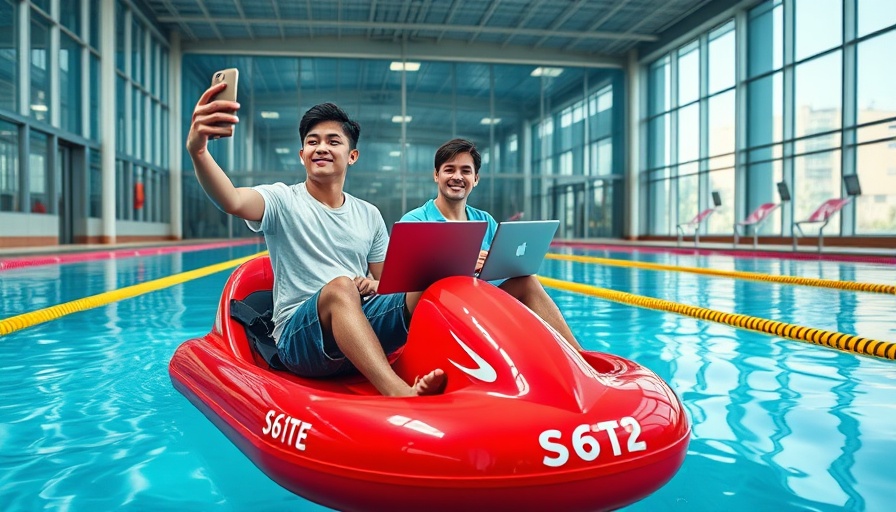 Two young men using technology on a pedal boat in a pool.