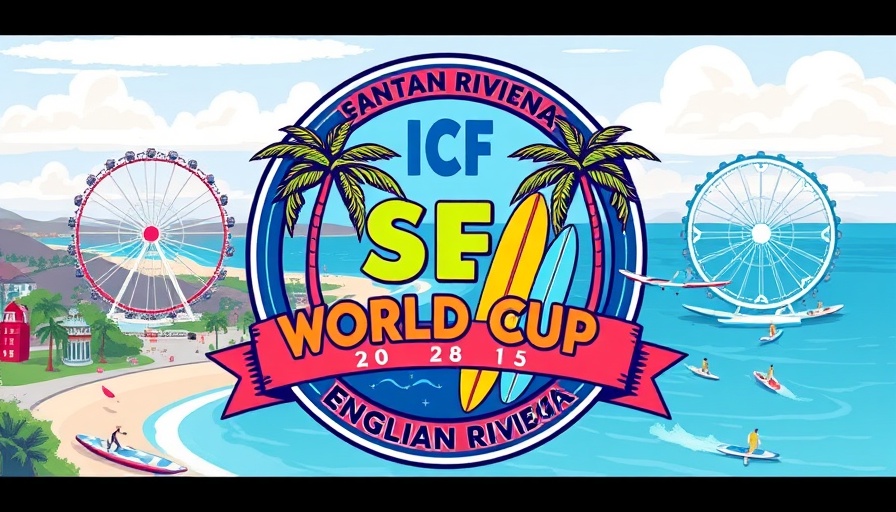 ICF SUP World Cup UK 2026 badge with palms and surfboards.