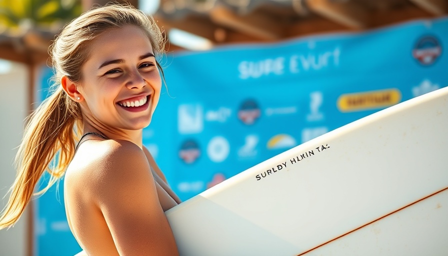Smiling surfer holding surfboard at a sunny surf event.