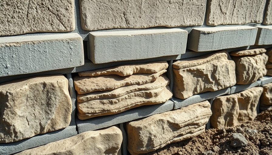 Close-up of insulating foundations with block and stone materials.