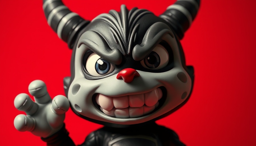 Monochrome Labubu toy against vibrant red, intense expression, toy trend.