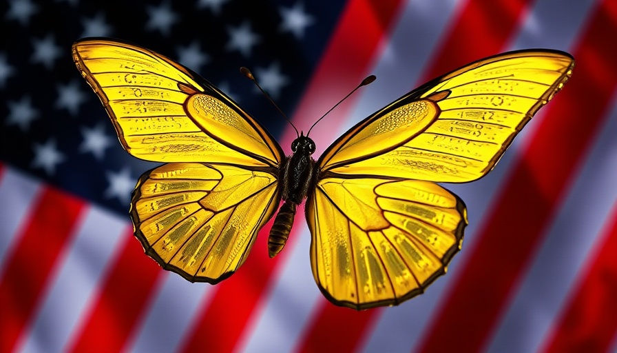 Abstract butterfly on pixelated American flag symbolizing democratizing AI.