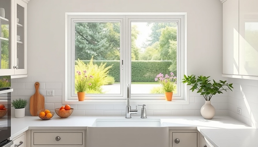 Modern kitchen window over sink with garden view.