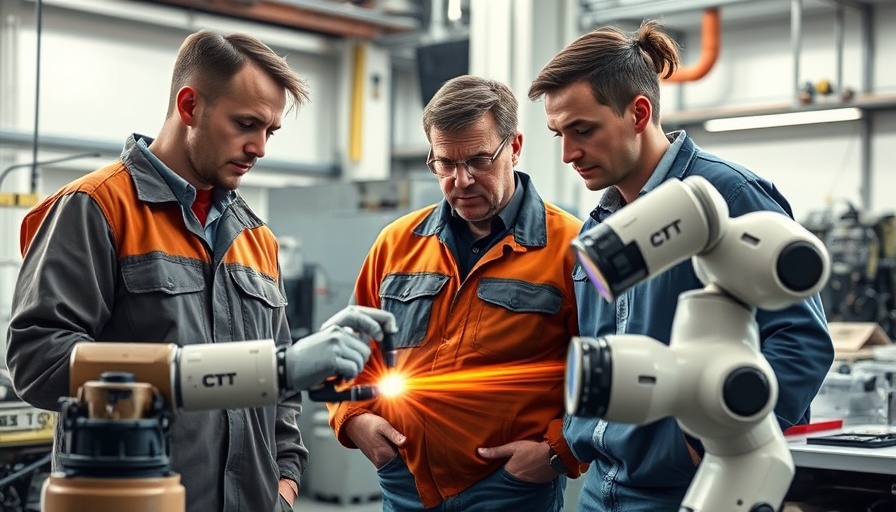 Technicians observing cobot laser welding in an industrial setting.