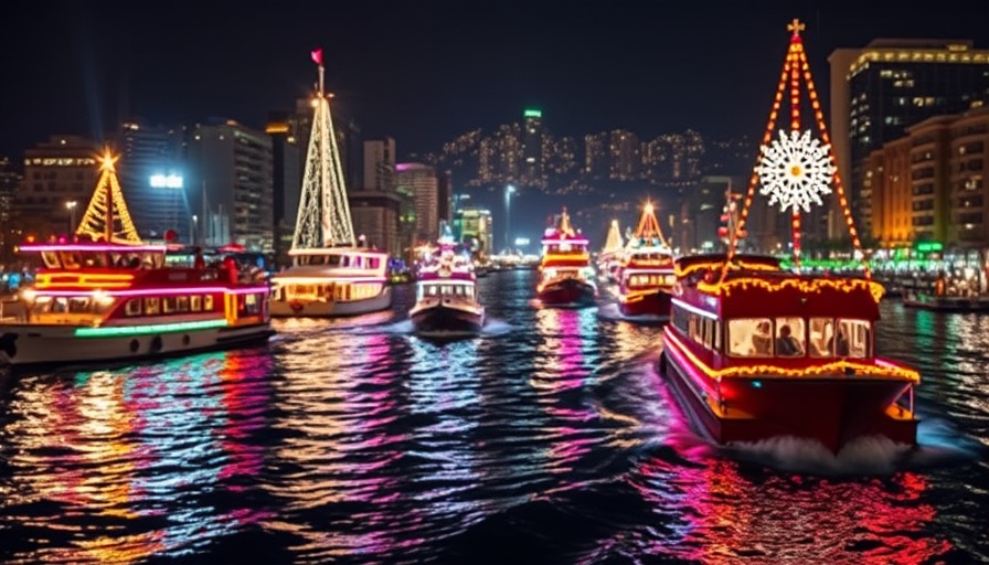 Holiday events on water with illuminated boats and cityscape.
