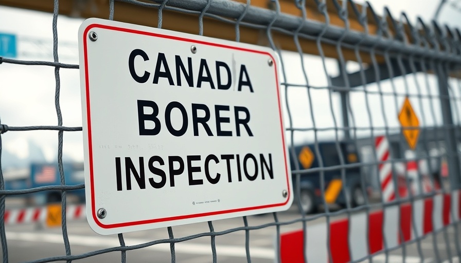 Canada Border Inspection sign on fence at Canada border crossing.
