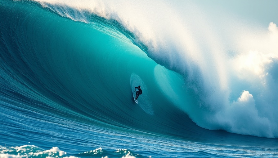 Daring surfer on eco-board riding enormous wave in ocean.