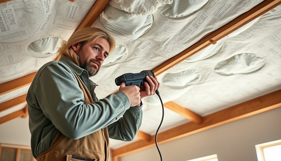 Construction worker sealing cathedral ceiling insulation with a sealing gun.