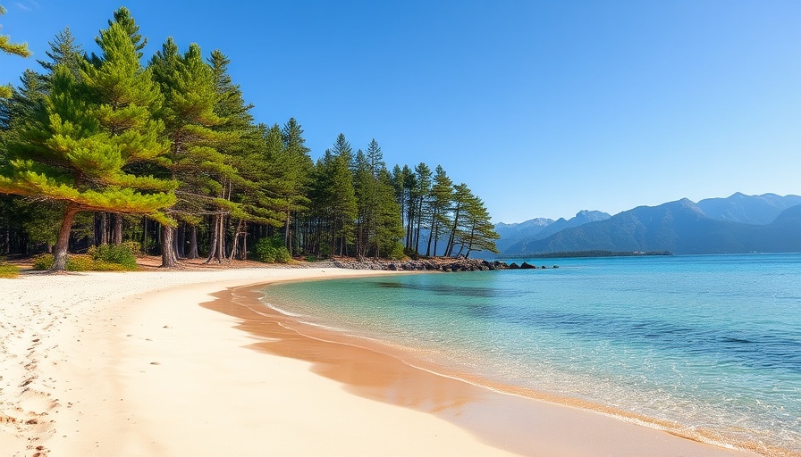 Scenic beach with pine trees and turquoise water, best beaches to visit in February.