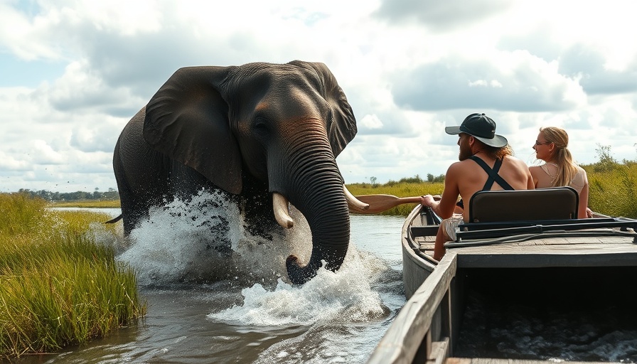 Elephant charges canoe tour group, intense photorealistic scene.