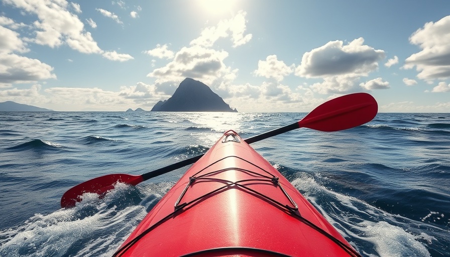 Red kayak paddling towards island in choppy waters under partly cloudy sky.