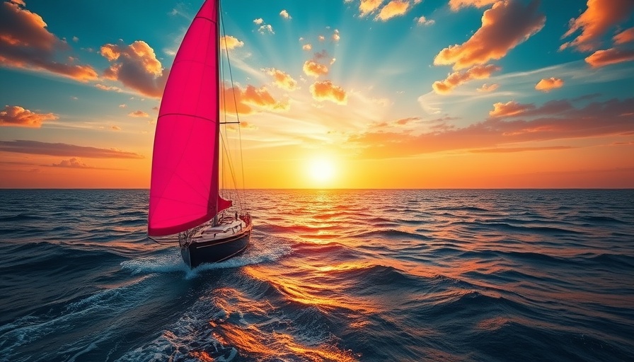 Sailboat crossing the Pacific with pink sail at sunset.