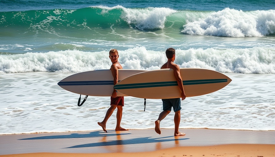 Boardroom Show surf culture: two surfers with boards on beach.