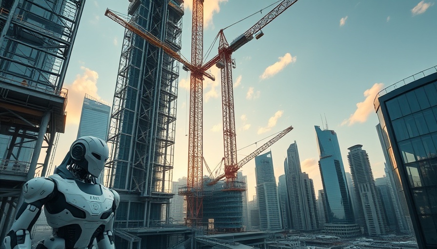 AI-driven robots constructing a modern skyscraper in a futuristic cityscape.