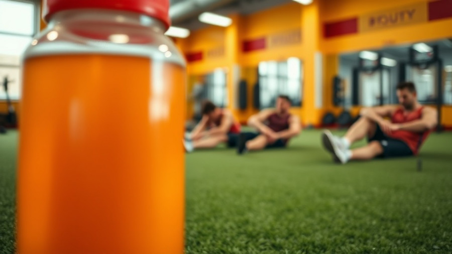 Pre-workout drink on gym turf with resting athletes, emphasizing Pre-Workout vs Energy Drinks.