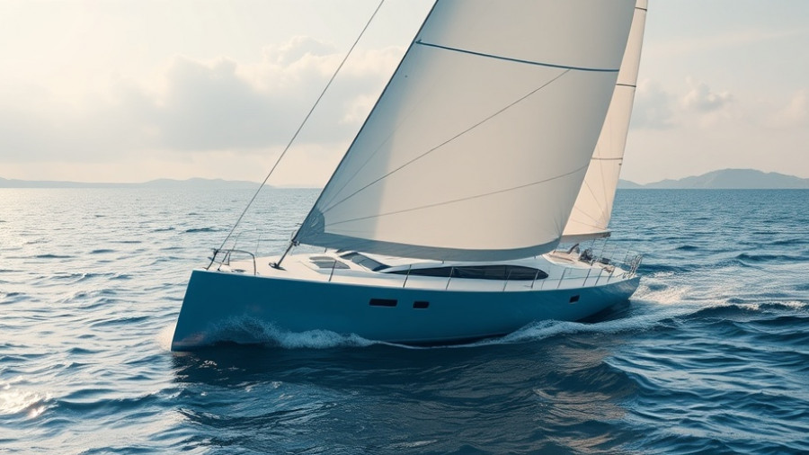 Modern sailboat on water, leaning dramatically, vibrant scene.