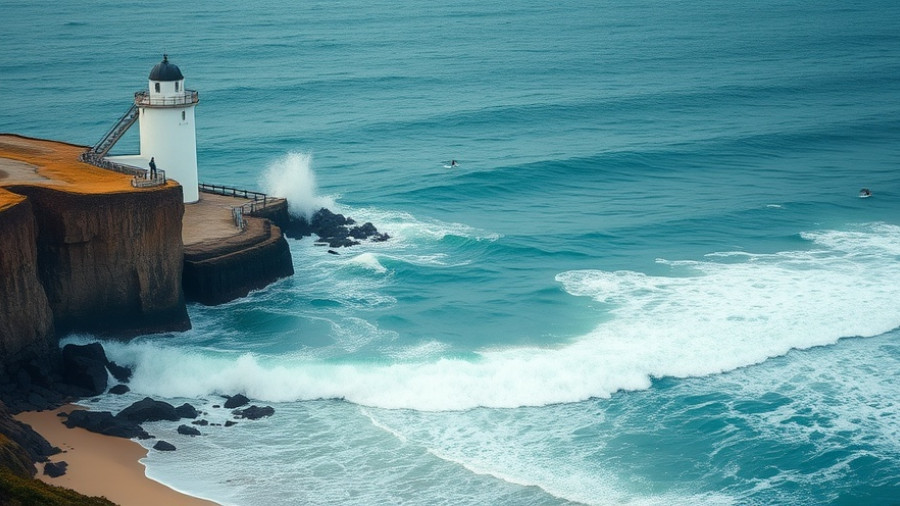 Travel to Jeffreys Bay for surfing; dramatic coastline and ocean waves.