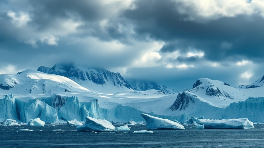 Greenlandification of Antarctica: Icy landscape with mountains and icebergs, dramatic sky.