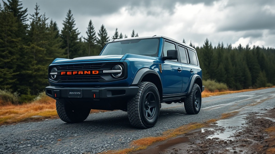 Blue Ford Bronco with Coyote V8 parked in forest with puddles.