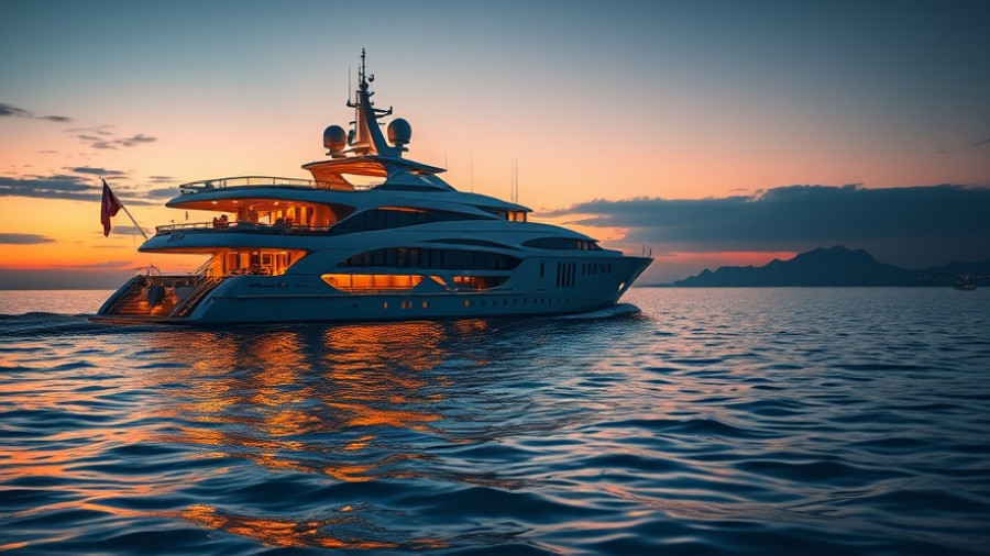 American luxury yacht cruising at sunset on a serene ocean.