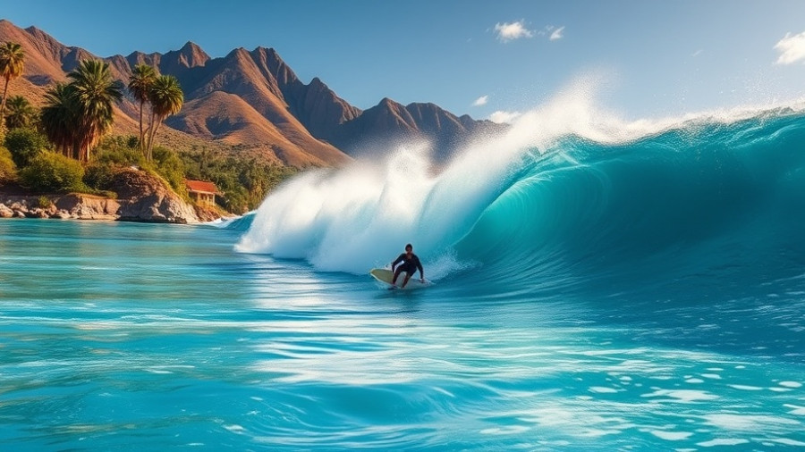 China wave pool with surfer and scenic mountain backdrop.