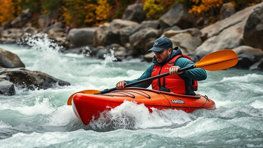 Kayaker overcoming fear in rapids, focused and determined.