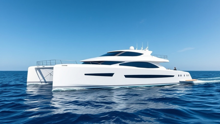 Sleek modern catamaran cruising in open ocean, sustainable power catamarans.