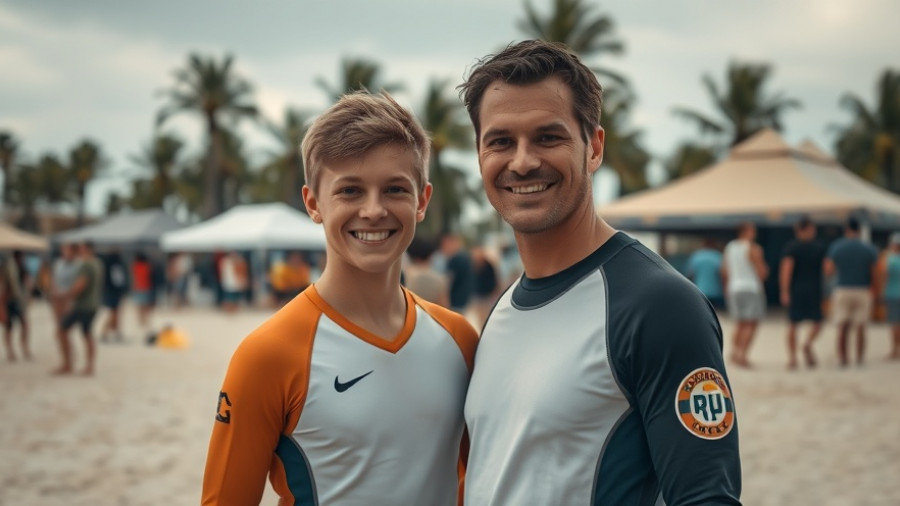 Young surfer with supporter at a beach event, related to Olympic surfing governance.