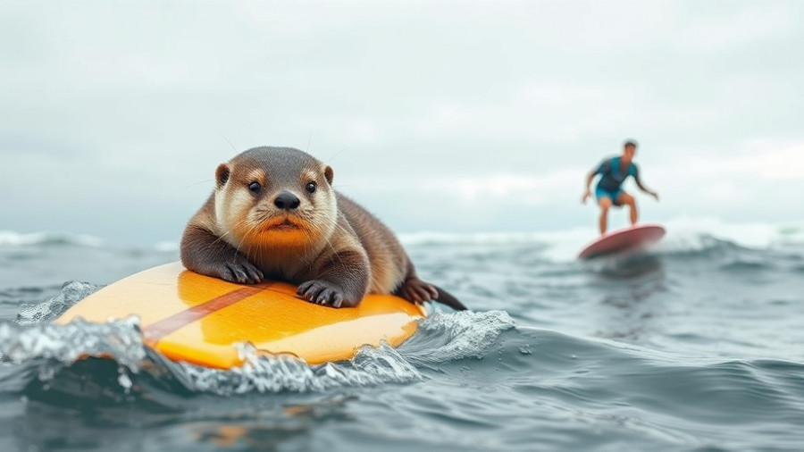 Playful otter rests on surfboard as surfer approaches, ocean scene.