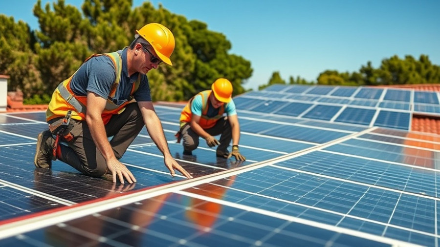 Workers installing solar panels for waste management on a rooftop.
