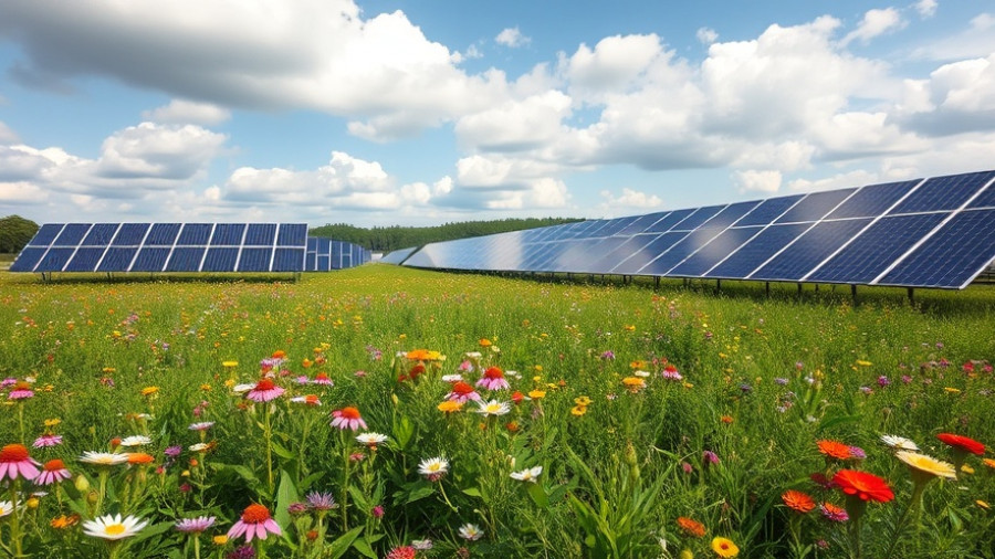 Meadow of wildflowers near solar panels, showcasing soil health and solar energy projects.