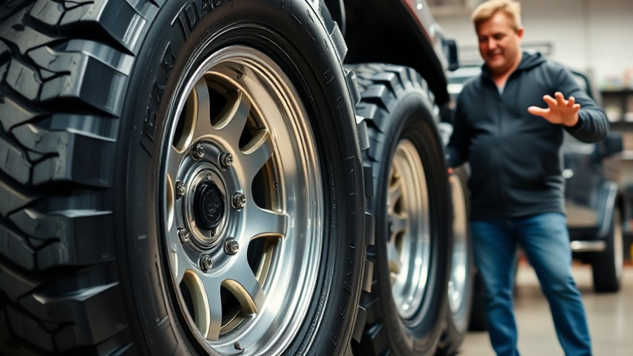 Mickey Thompson hybrid A/T tires in showroom with presenter.