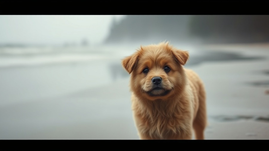 Curious fluffy brown dog on a misty beach.