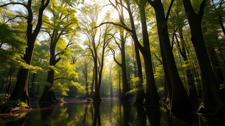 E.O. Wilson Land Between the Rivers Preserve serene swamp with tall trees.
