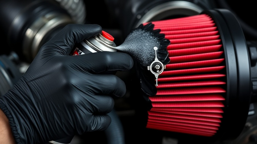 Gloved hand cleaning K&N intake filter with spray can, close-up.
