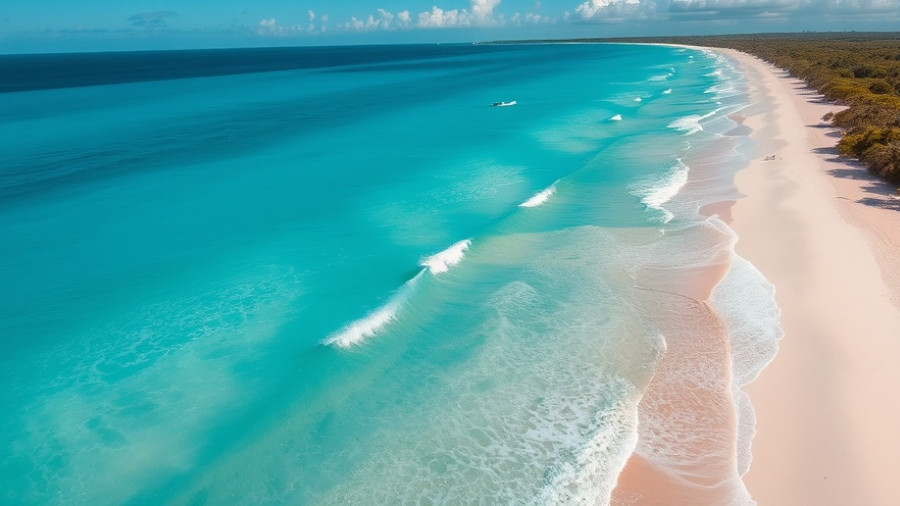 Aerial view of Bermuda beach with turquoise surfable waves.