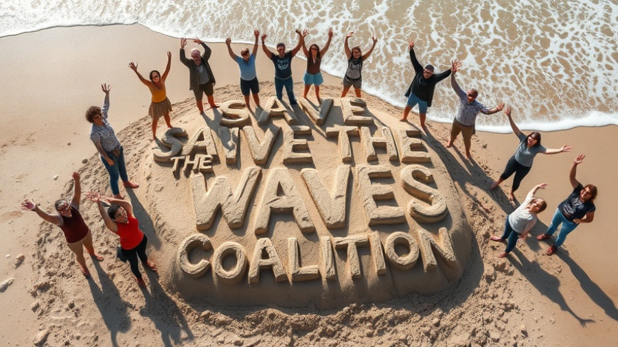Participants at a surf conservation event on the beach in 2025.