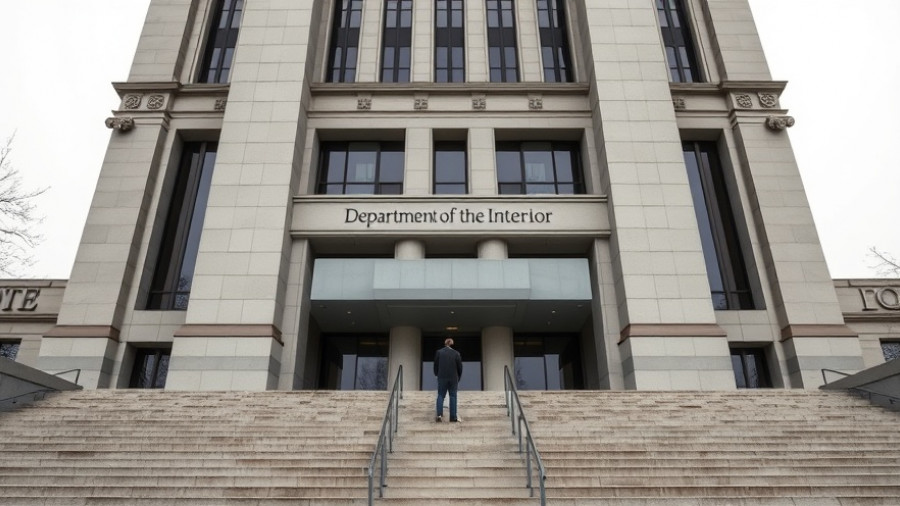 Department of the Interior entrance, person walking up steps, Trump's Cuts to Federal Employees.