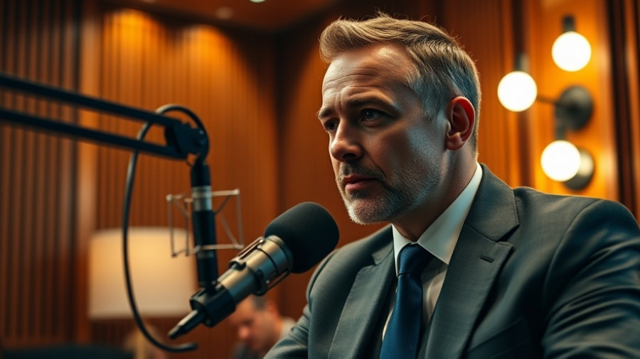 Serious man discussing the plastic waste management billion-dollar industry, podcast setting.