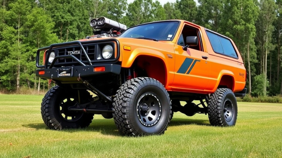 V8-swapped 1983 Toyota SR5 in bright orange parked in a field.