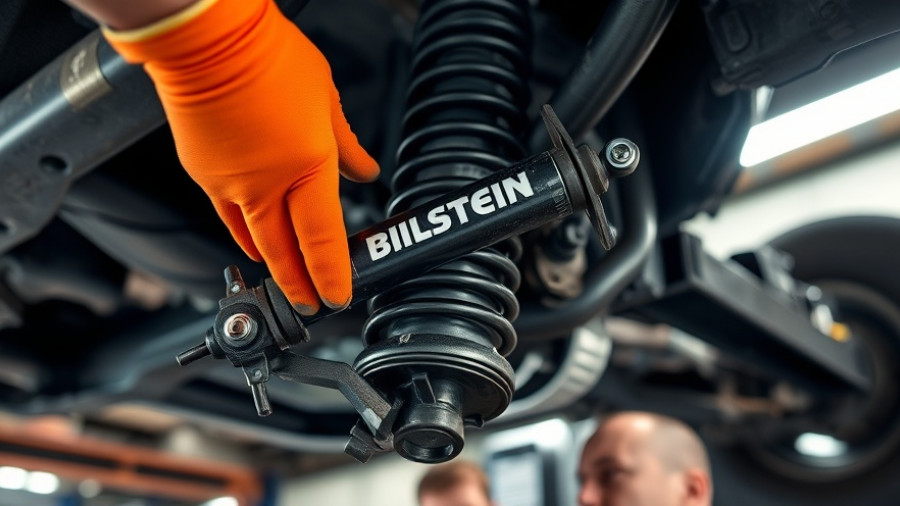 Car suspension with Bilstein shock absorber installation close-up.