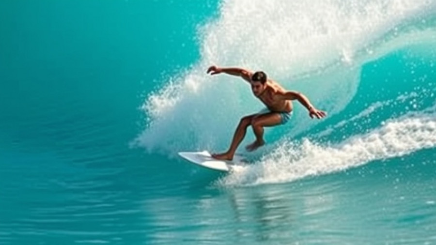 Dynamic surfer riding a turquoise wave in Craig Anderson surfing video.