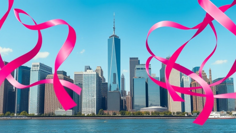 New York City housing and green space by the waterfront with pink ribbons.