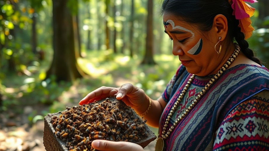 Traditional Peruvian woman handling stingless bee hive in forest