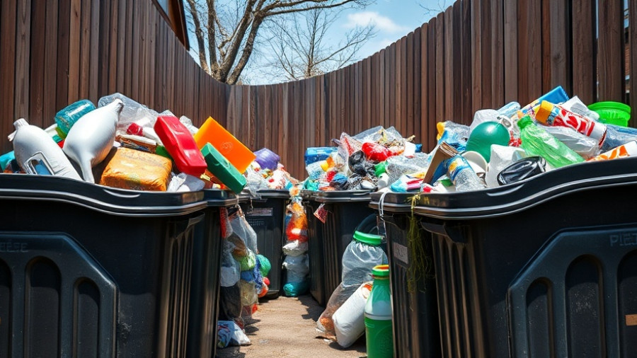 Overflowing garbage bins with plastic waste under clear sky.